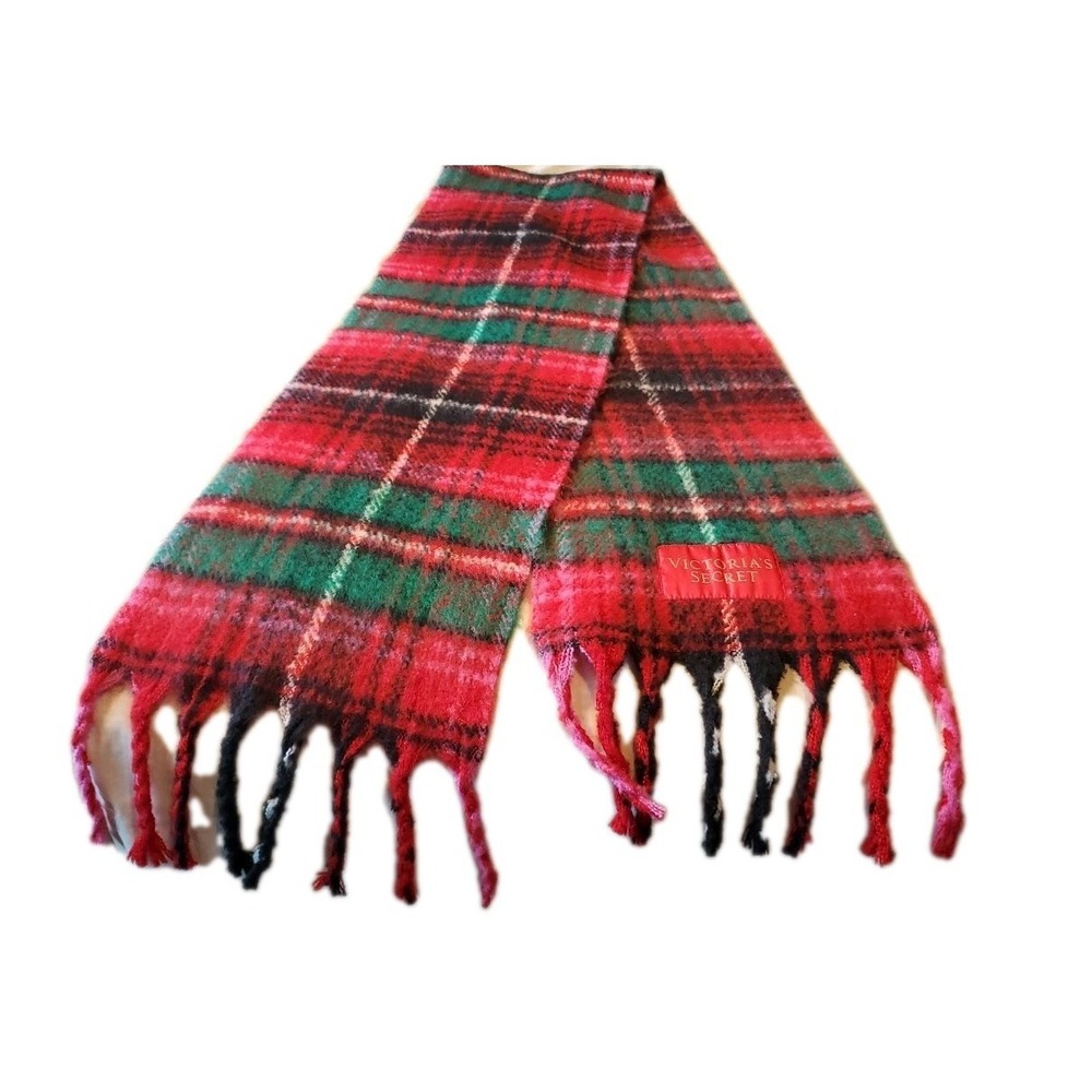 Victoria Secret Red&green Plaid Logo‎ Winter Fuzzy Scarf Holiday Winter 12W80L
